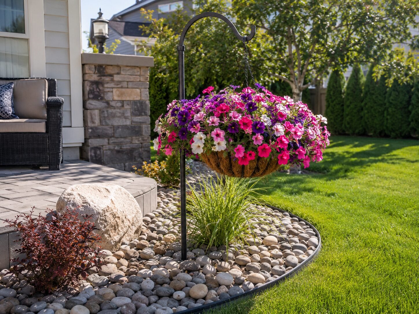 Hanging flower basket & river rock accent bed
