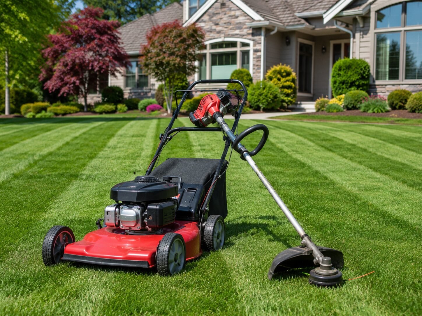 Mowing & trimming equipment on a finished lawn