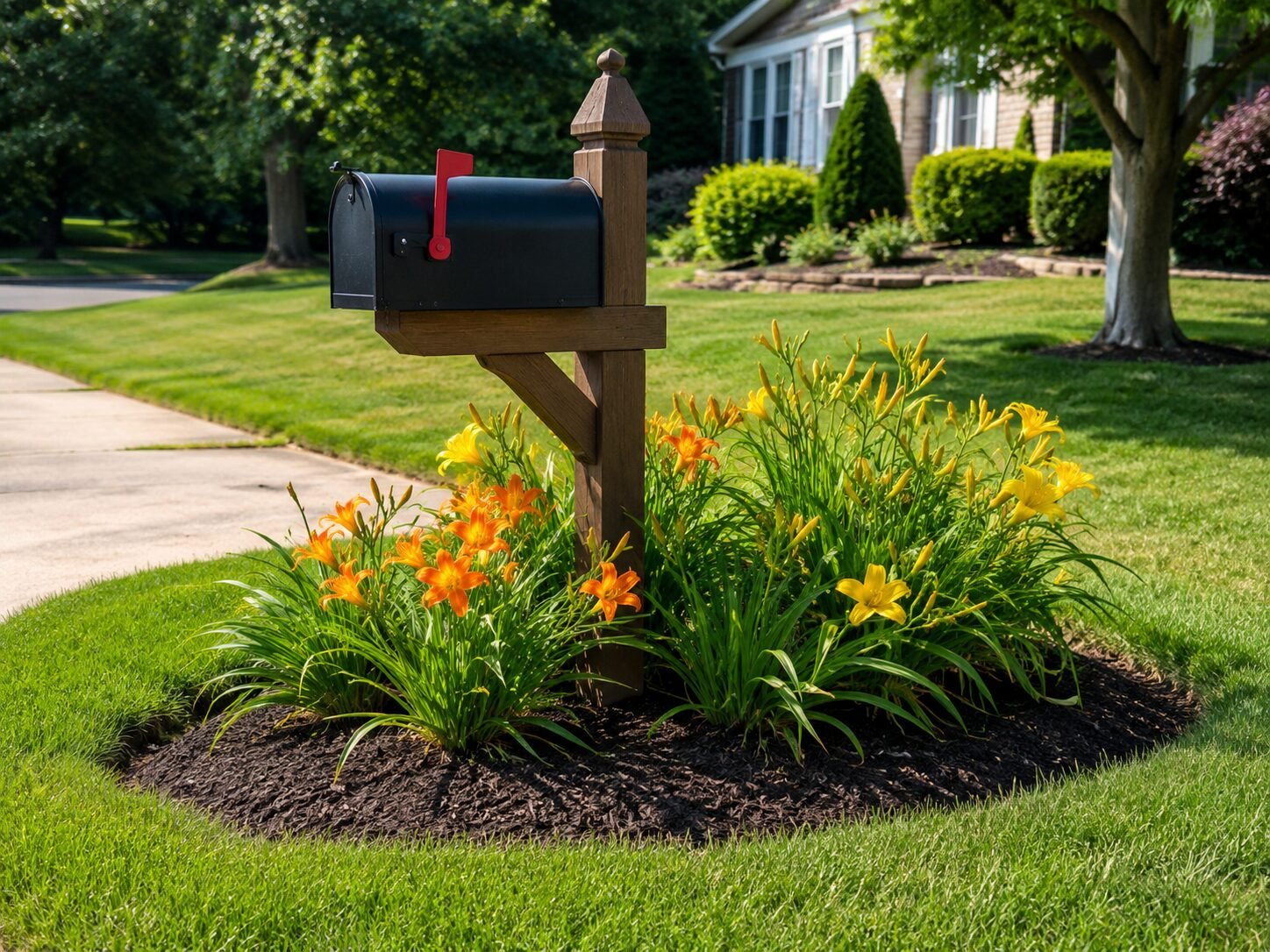 Mailbox post planting bed with daylilies